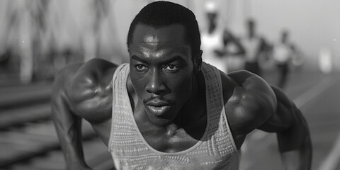 Wall Mural - Black and white portrait of African concentrated man, athlete n motion, running on marathon along Parisian streets. Olympic Games in Paris 2024