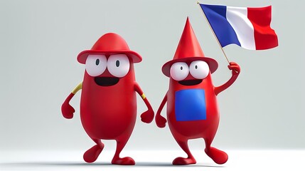 Wall Mural - Two red cartoon characters, mascots holding French flag. Olympic Games in Paris 2024