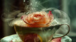A delicate rose unfurling its petals into a steaming cup of lemon tea.