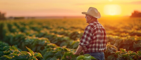 Poster - Observing soybean crop at sunset by senior farmer in soybean field.