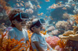 Smiling little boy and little girl wearing VR-glasses exploring coral reef and sea animals