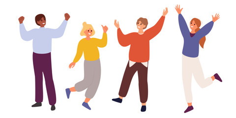 Set of people celebrating win or goal achievement. Happy team or group of friends with hands up isolated on white background. Concept of victory and success. Vector illustration in flat cartoon style