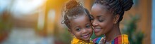 Happy African mother playing with her daughter outdoor on sunny day Afro mum and child having fun together Family, happiness and love concept