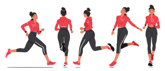 Wall Mural - Young Girl Athlete Dashes Gracefully Side, Front And Rear View. Sportswoman Character Sprints With Determination