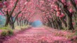 Tree-Lined Path With Pink Flowers
