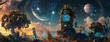 A Dreamy Nighttime Scene with a Clock Tower and a Moon Generative AI