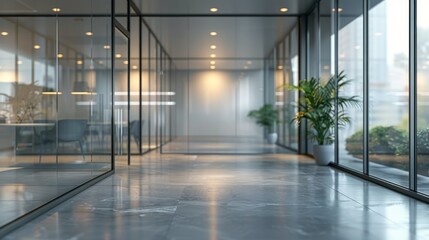 Poster - Long Hallway With Glass Walls and Potted Plant