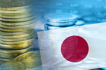 Stock market investment trading financial, coin and Japan flag , finance business trend data background.