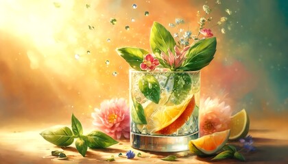 Wall Mural - Watercolor Painting of a Gin Basil Smash