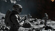 soldiers in spacesuit walking strange planet with rifle