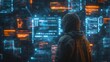 A figure in a hood, their identity hidden in the depths of cyberspace, manipulates digital information across multiple glowing interfaces, engaged in covert cyber operations.