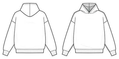 Wall Mural - Hoodie technical fashion illustration. hoodie vector template illustration. front and back view. Regular fit. drop shoulder. unisex. white color. CAD mockup.
