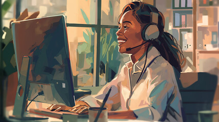Wall Mural - In the hustle and bustle of the office, a businesswoman smiles as she multitasks, wearing a headset while working on her computer