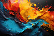 Elegant dance of fiery reds, sunlit yellows, and deep blues in a mesmerizing abstract paint swirl. A dynamic blend showcasing motion, depth, and the beauty of chaos in fluid art forms.