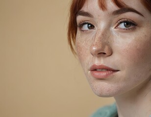 Wall Mural - A young woman with red hair. She has a face with a lot of freckles