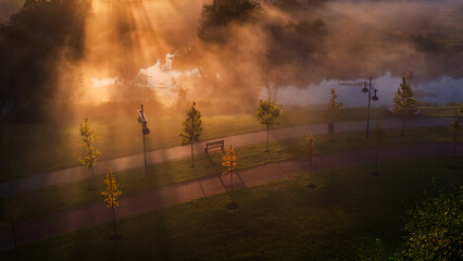 Wall Mural - Misty Morning: Dawn Illuminating the Park's River in Fog