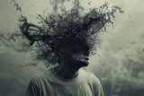 Fototapeta Pomosty - Surreal imagery depicting a person's head exploding into fragments, symbolizing psychological turmoil