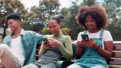 Poster - Phone, laugh and friends in park at university for social media, networking and online chat on bench. College, campus and happy men and women on smartphone for funny website, internet meme and text