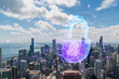 Chicago city skyline with a hologram of a digital padlock and fingerprint over it, blue and purple tones, cybersecurity concept. Double exposure