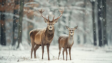 Deer Couple In The Snowy Woods