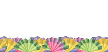 Seamless Border Of Mexican Paper Fans Hand Drawn Set In Watercolor. Colorful Cinco De Mayo Design With Fiesta Flowers Isolated On White Background. Clip Arts For Printing, Cards, Banners, Packaging