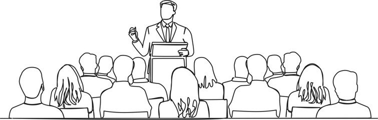 Wall Mural - continuous single line drawing of keynote speaker and audience at business conference, line art vector illustration