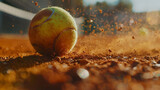 Fototapeta Kosmos - A green tennis ball on a clay court