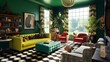 a green-carpeted living room with a modern twist, incorporating bold patterns, vibrant colors, and eclectic decor pieces