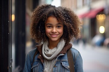 A young woman with curly hair is smiling and wearing a blue jacket and a scarf