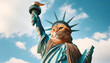 Amusing rendition of the Statue of Liberty with a cat face, blending iconic American imagery with playful art, perfect for lighthearted content and pet-themed projects.