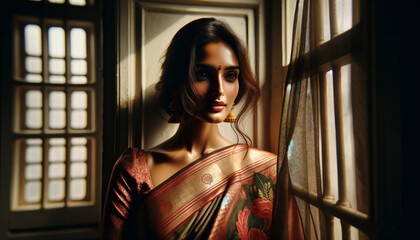 Wall Mural - portrait of a Indian saree woman standing at window