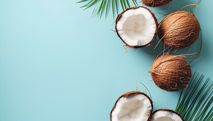 Wall Mural - Coconuts and palm leaves isolated on light blue background top view flat lay. Summer composition with coconuts. Coconut and palm leaf border frame. Beach composition top view