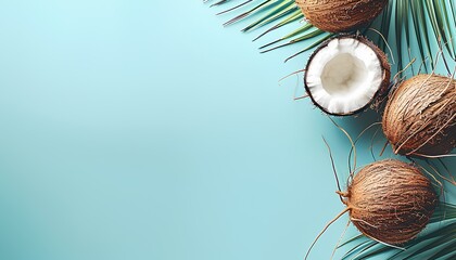 Wall Mural - Coconuts and palm leaves isolated on light blue background top view flat lay. Summer composition with coconuts. Coconut and palm leaf border frame. Beach composition top view