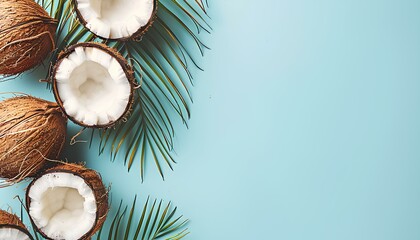 Wall Mural - Coconuts and palm leaves isolated on light blue background top view flat lay. Summer composition with coconuts. Coconut and palm leaf border frame. Beach composition top view