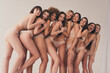 © deagreez - No filter studio photo of sexy adorable women wear lingerie cuddling enjoying self acceptance isolated beige color wall background