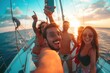 Group of friends having fun in luxury yach boat. Young men and women enjoy travel, vacation, travel on boat yacht sailing in sea, ocean at sunset on summer. Selfie for social media