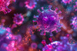 A bunch of pink and purple viruses are floating in the air