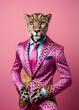 Elegant panter wearing colorful clothes on a pink background,