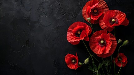 Sticker - Red poppies on black background. Generative Ai