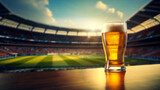 Fototapeta  - Chilled Beer Glass on Wooden Surface at Stadium