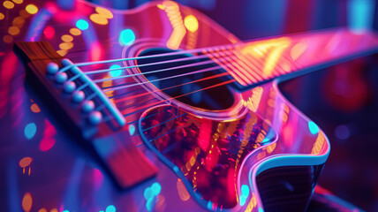 Close-up of Electric Guitar with Vibrant Neon Lights and Details