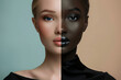 A woman's face is split into two halves, one side is black and the other side is white. fashion model blended symetrically, one half is white face, one half is black face