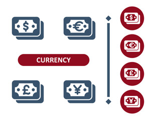 Wall Mural - Currency icons. Dollar, euro, pound, pound sterling, yen, yuan, bill, banknote, cash, money icon