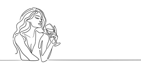 elegant girl drinks wine or champagne from a glass, continuous line art drawing isolated on white ba
