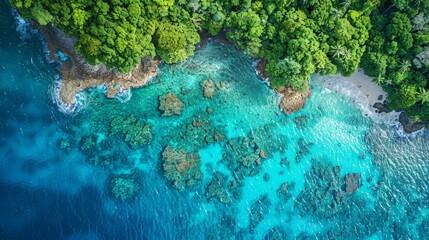 Wall Mural - A beautiful blue ocean with a rocky shoreline and lush green trees in the background. The water is calm and clear, and the trees provide a sense of tranquility and serenity