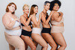 © SETO fotografias - group of multiethnic women posing in underwear laughing having fun together, studio shot.