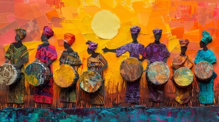 A painting of a group of people playing drums. The people are wearing colorful clothing and the drums are of various sizes. The painting has a lively and energetic mood, with the people