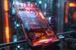 A smartphone with a translucent screen displaying futuristic and holographic projections.
