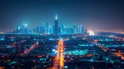 Wall Mural - Vibrant Cityscape at Night with Illuminated Skyscrapers and Busy Roads. Urban Photography Capturing City Life and Motion. Perfect for Backgrounds and Modern Designs. AI