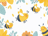Fototapeta Pokój dzieciecy - Cute watercolor clipart of bees buzzing around blooming flowers, single object, isolated on white
